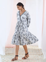 White Cotton V-Neck Midi Floral Dress