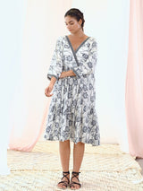 White Cotton V-Neck Midi Floral Dress