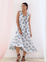 White Printed A-Line Sleeveless Cotton Dress
