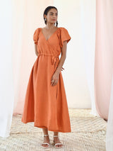 Rust Orange Linen Wrap Dress with Short Sleeves