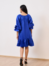Blue Cotton Satin Short Party Dress with Ruched Sleeves