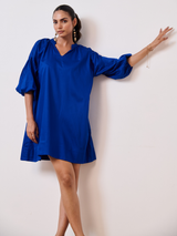 Blue Cotton Satin Short Party Dress with Balloon Sleeves