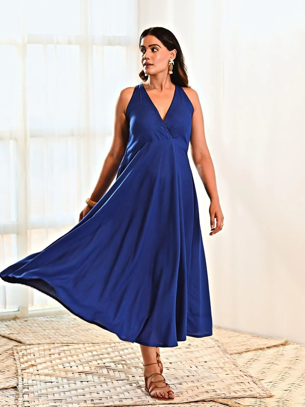 Blue Cotton Maxi Sleeveless Long Dress