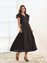 Black Cotton V neck Long Dress with Belt