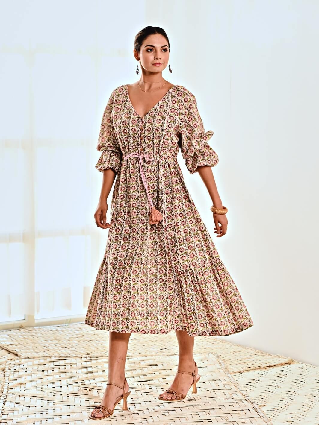 White Cotton Floral Print Maxi Long Dress