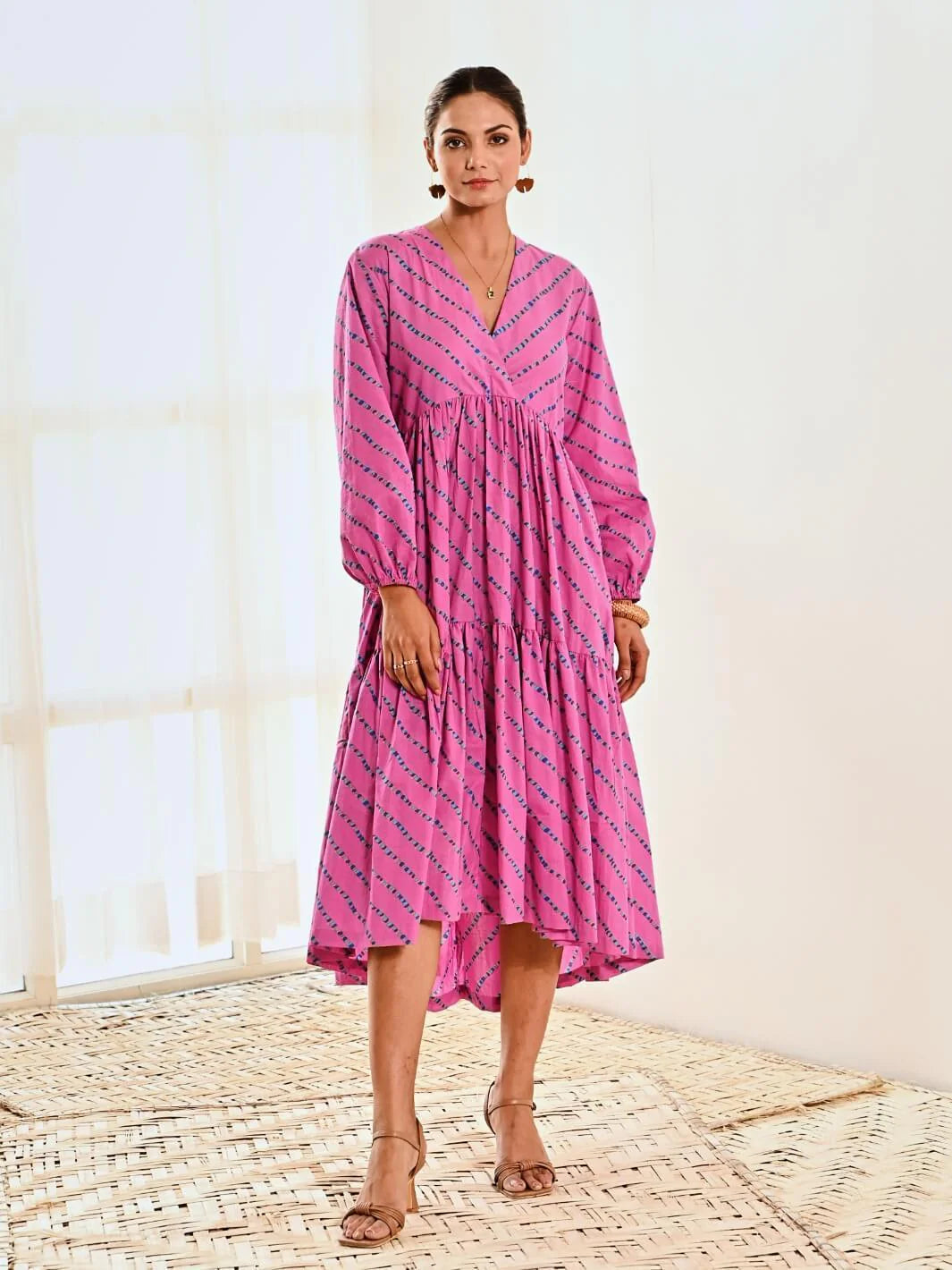 Pink Cotton Striped Print Maxi Long Dress