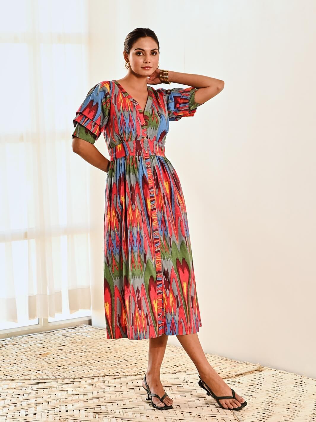 Red Ikat Print Cotton A line Long Dress