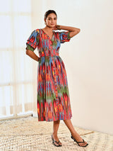 Red Ikat Print Cotton A line Long Dress