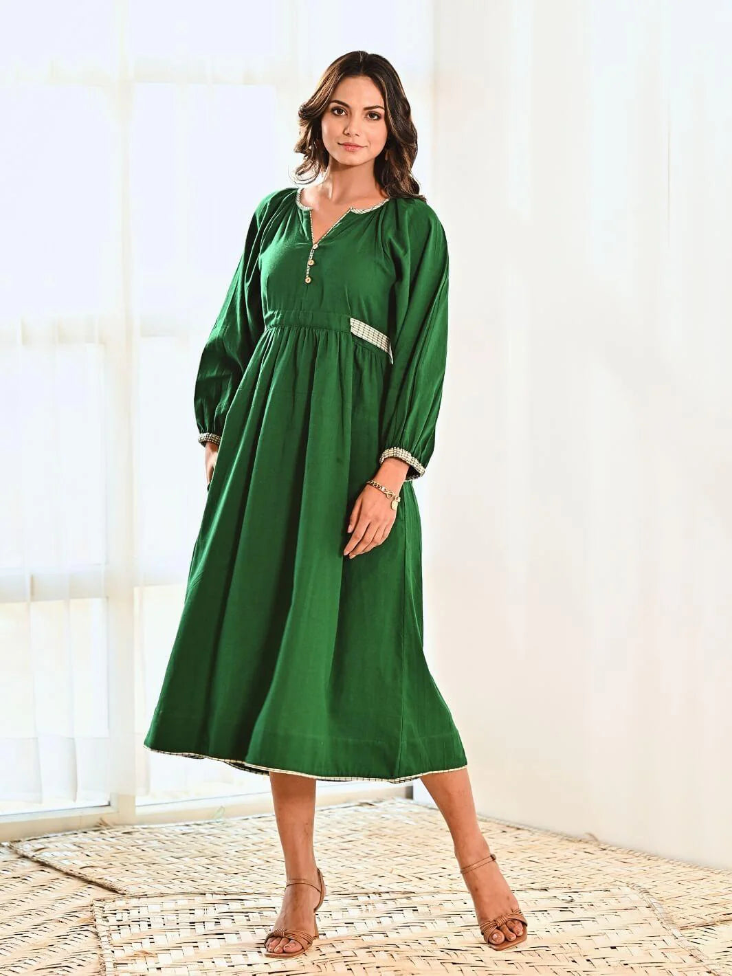 Emerald Cotton Maxi Long Dress with Belt & Baloon Sleeves