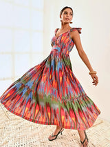 Red Ikat Print Cotton Maxi Long Dress