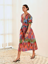 Red Ikat Print Cotton A line Long Dress