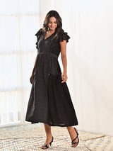 Black Cotton V neck Long Dress with Belt