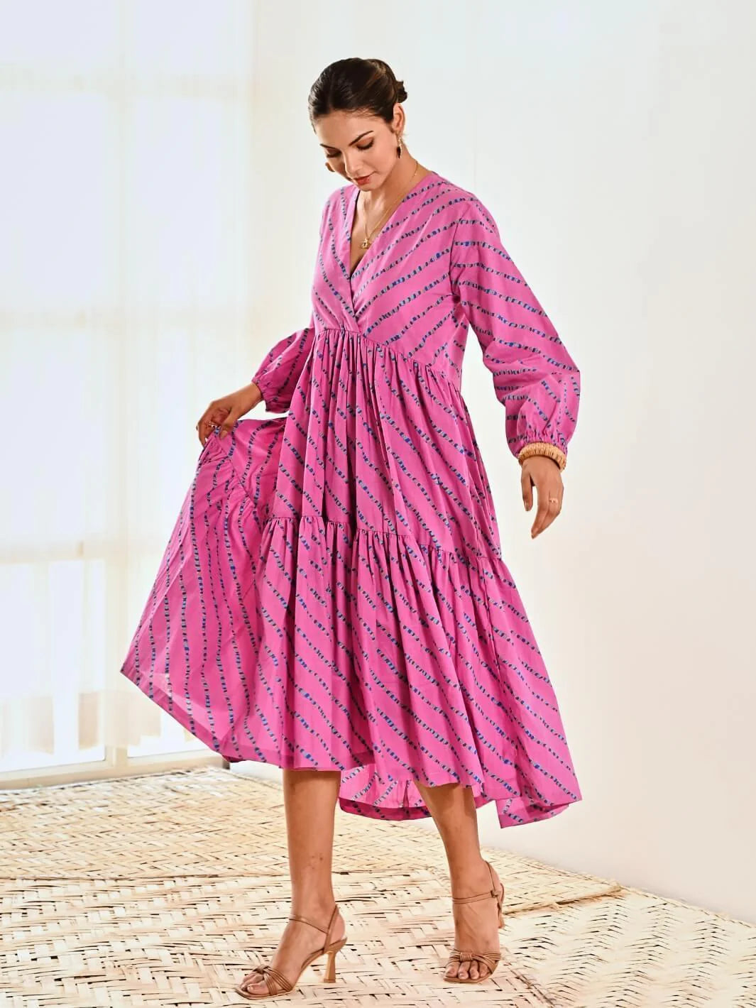 Pink Cotton Striped Print Maxi Long Dress