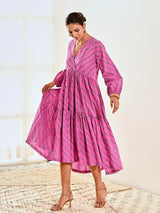 Pink Cotton Striped Print Maxi Long Dress