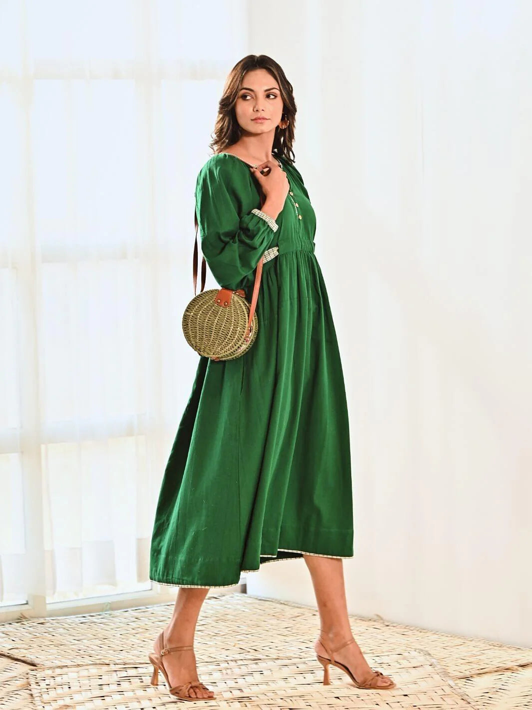 Emerald Cotton Maxi Long Dress with Belt & Baloon Sleeves