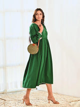 Emerald Cotton Maxi Long Dress with Belt & Baloon Sleeves