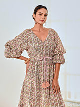 White Cotton Floral Print Maxi Long Dress