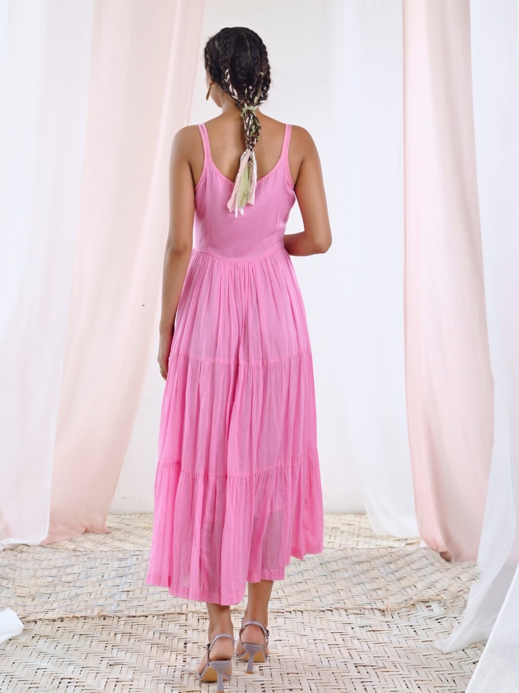 Pink Cotton Voile Flared Maxi Dress