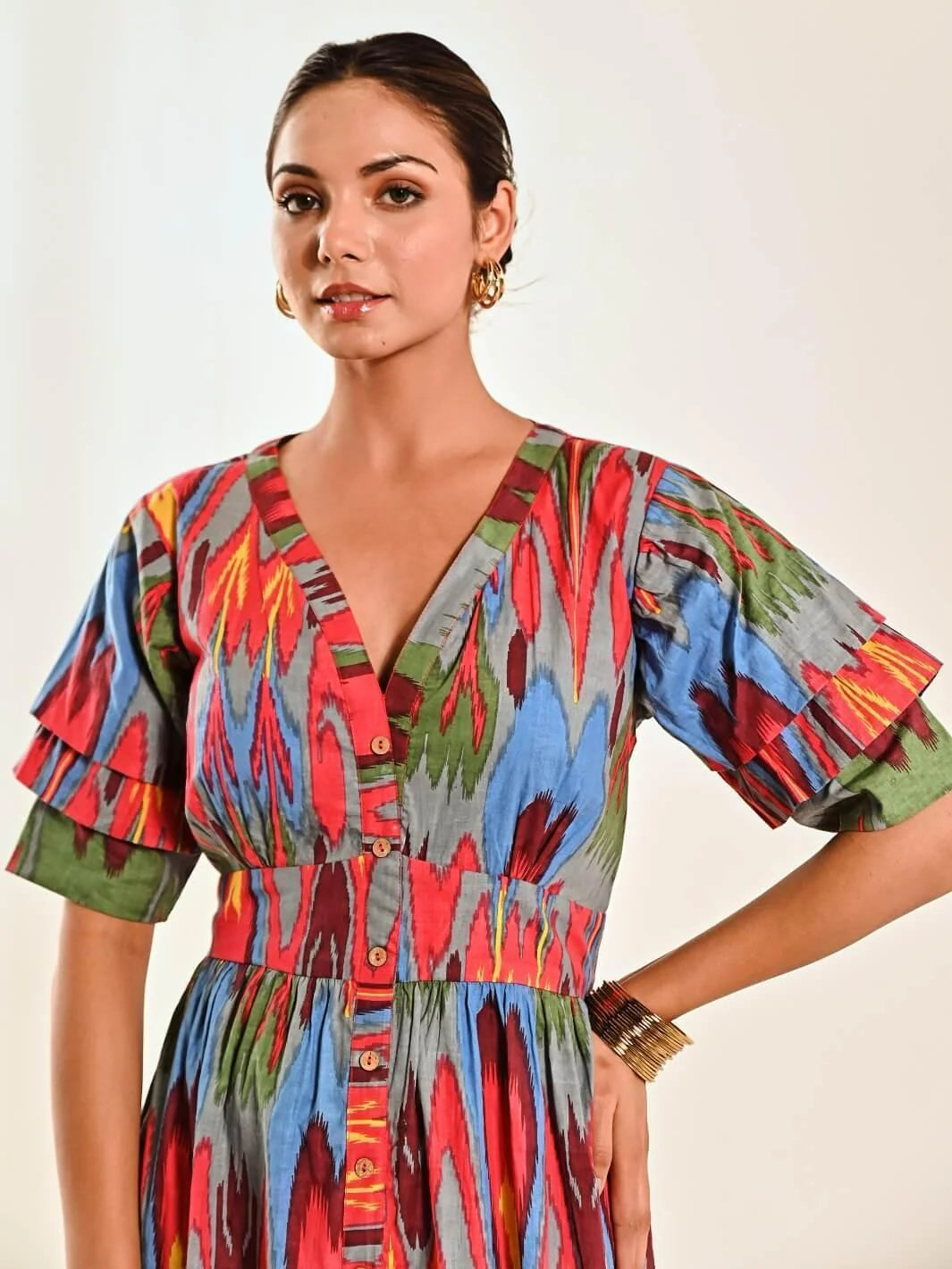 Red Ikat Print Cotton A line Long Dress