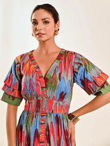 Red Ikat Print Cotton A line Long Dress