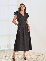 Black Cotton V neck Long Dress with Belt