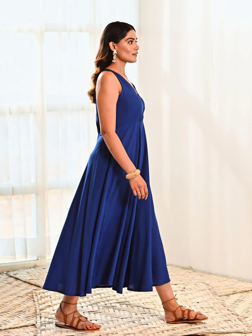 Blue Cotton Maxi Sleeveless Long Dress