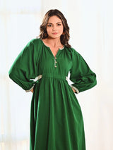 Emerald Cotton Maxi Long Dress with Belt & Baloon Sleeves