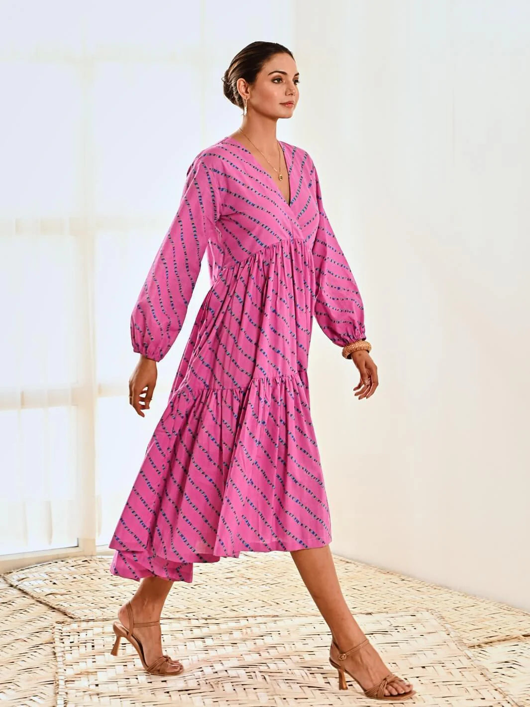 Pink Cotton Striped Print Maxi Long Dress
