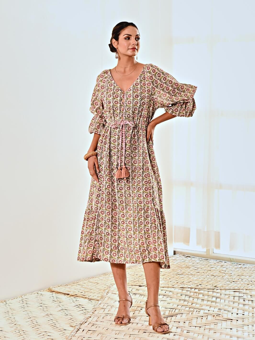 White Cotton Floral Print Maxi Long Dress