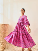 Pink Cotton Striped Print Maxi Long Dress