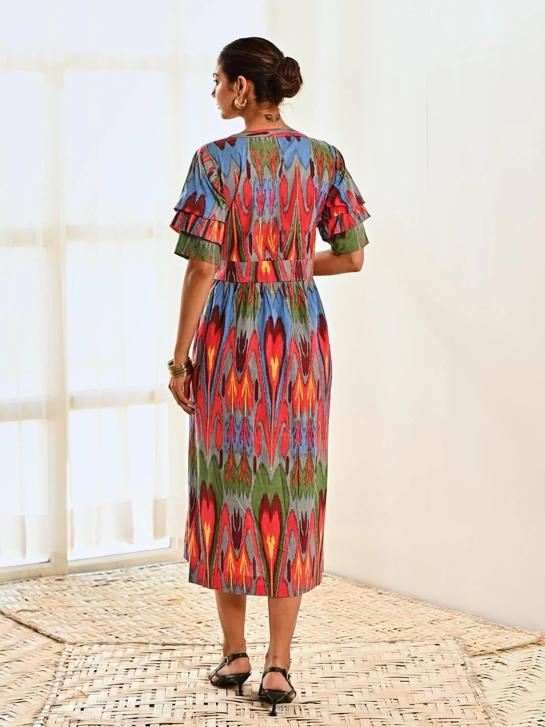 Red Ikat Print Cotton A line Long Dress