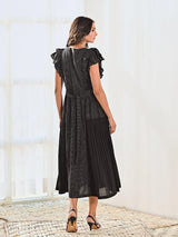 Black Cotton V neck Long Dress with Belt