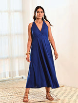 Blue Cotton Maxi Sleeveless Long Dress