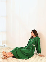 Emerald Cotton Maxi Long Dress with Belt & Baloon Sleeves