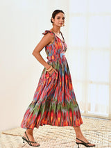 Red Ikat Print Cotton Maxi Long Dress