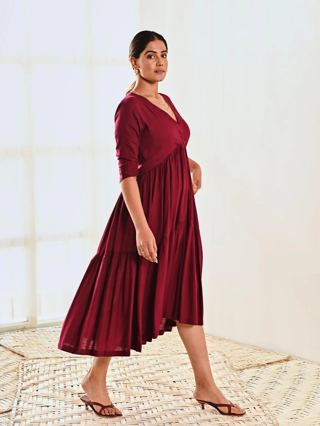 Maroon Cotton V neck Maxi Long Dress