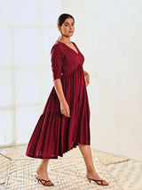Maroon Cotton V neck Maxi Long Dress