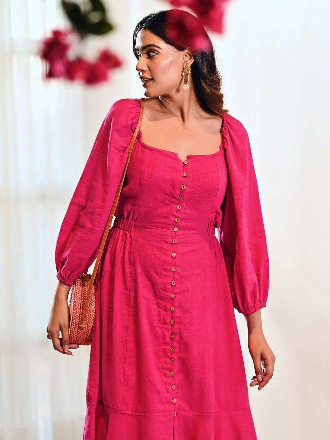 Fuchsia Cotton A line Long Dress