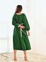 Emerald Cotton Maxi Long Dress with Belt & Baloon Sleeves