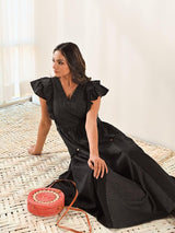 Black Cotton V neck Long Dress with Belt