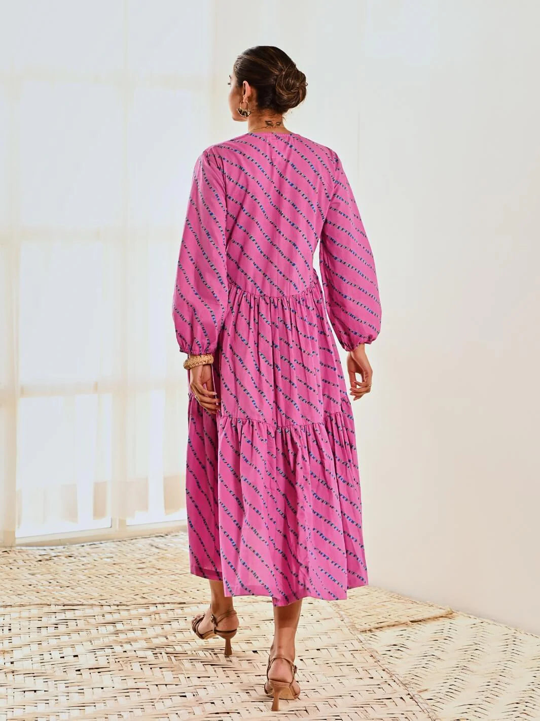 Pink Cotton Striped Print Maxi Long Dress