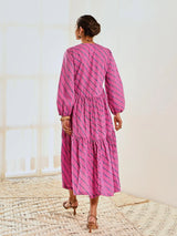 Pink Cotton Striped Print Maxi Long Dress