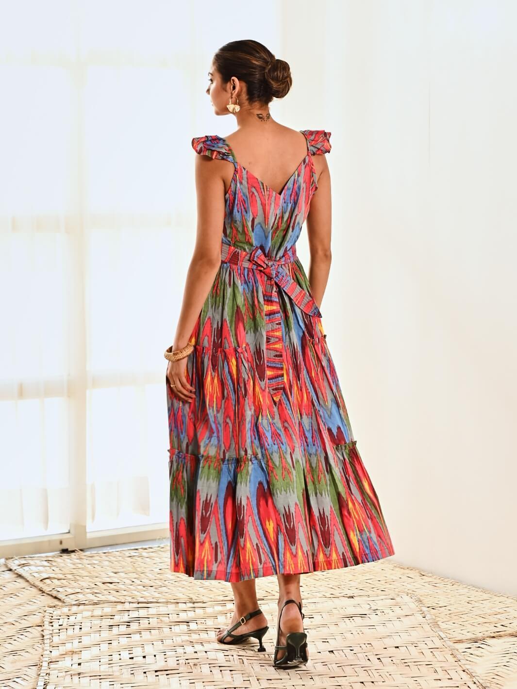 Red Ikat Print Cotton Maxi Long Dress