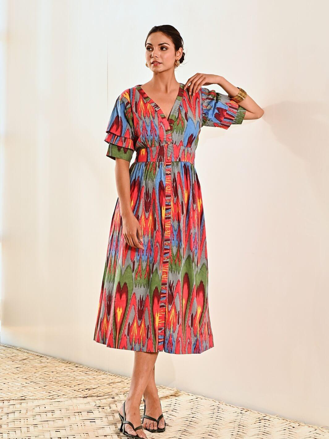 Red Ikat Print Cotton A line Long Dress