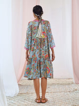 Aqua Blue Cotton V-Neck Midi Floral Dress