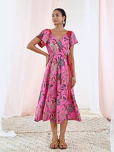 Pink Cotton Printed Floral Wrap Dress