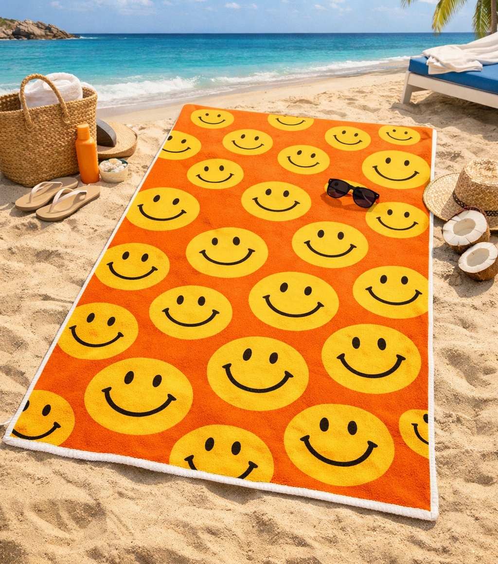 Happy Faces Orange Premium Cotton Beach Towel