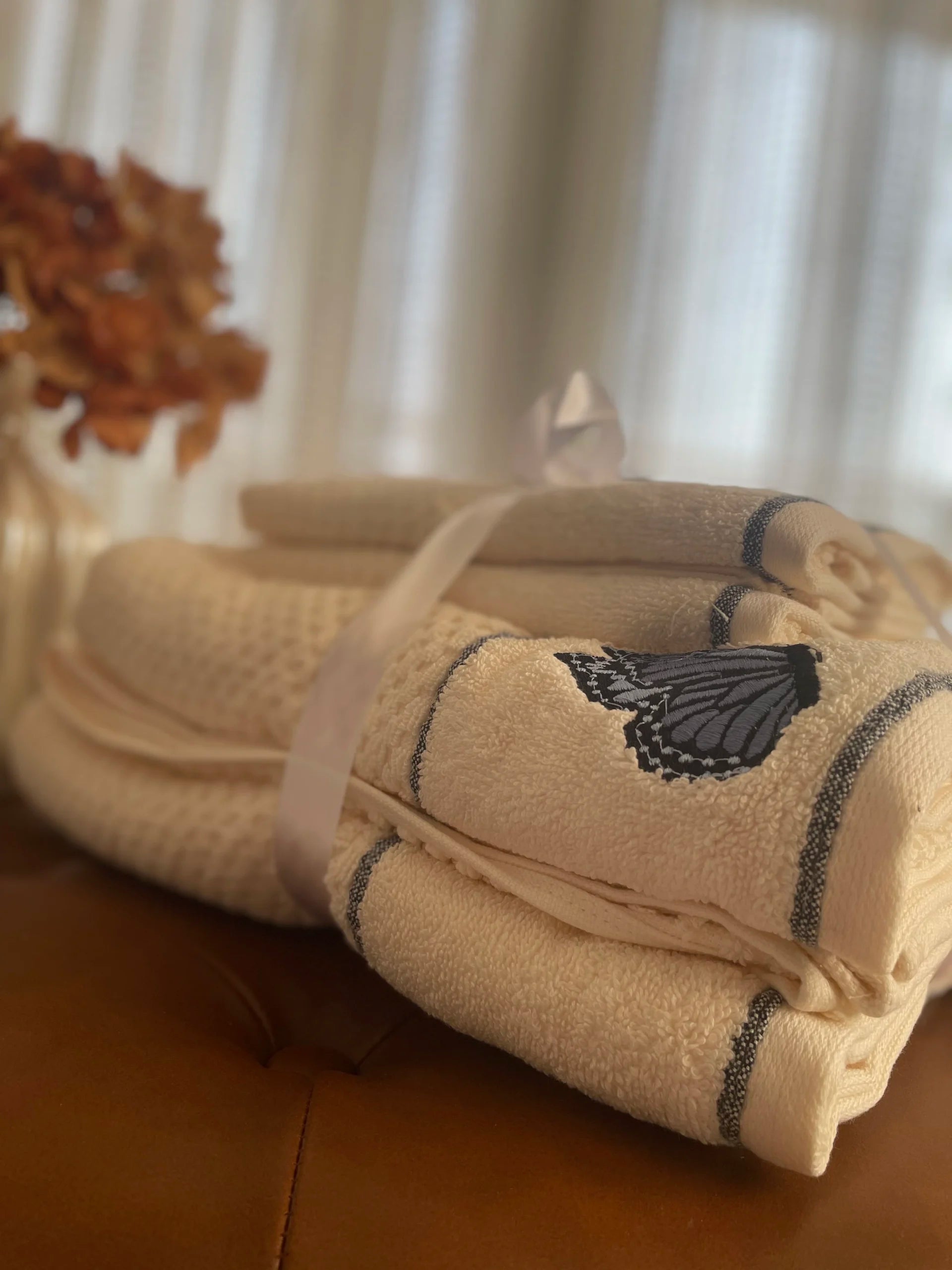 Premium Cotton Embroidered Butterfly Towel Set.