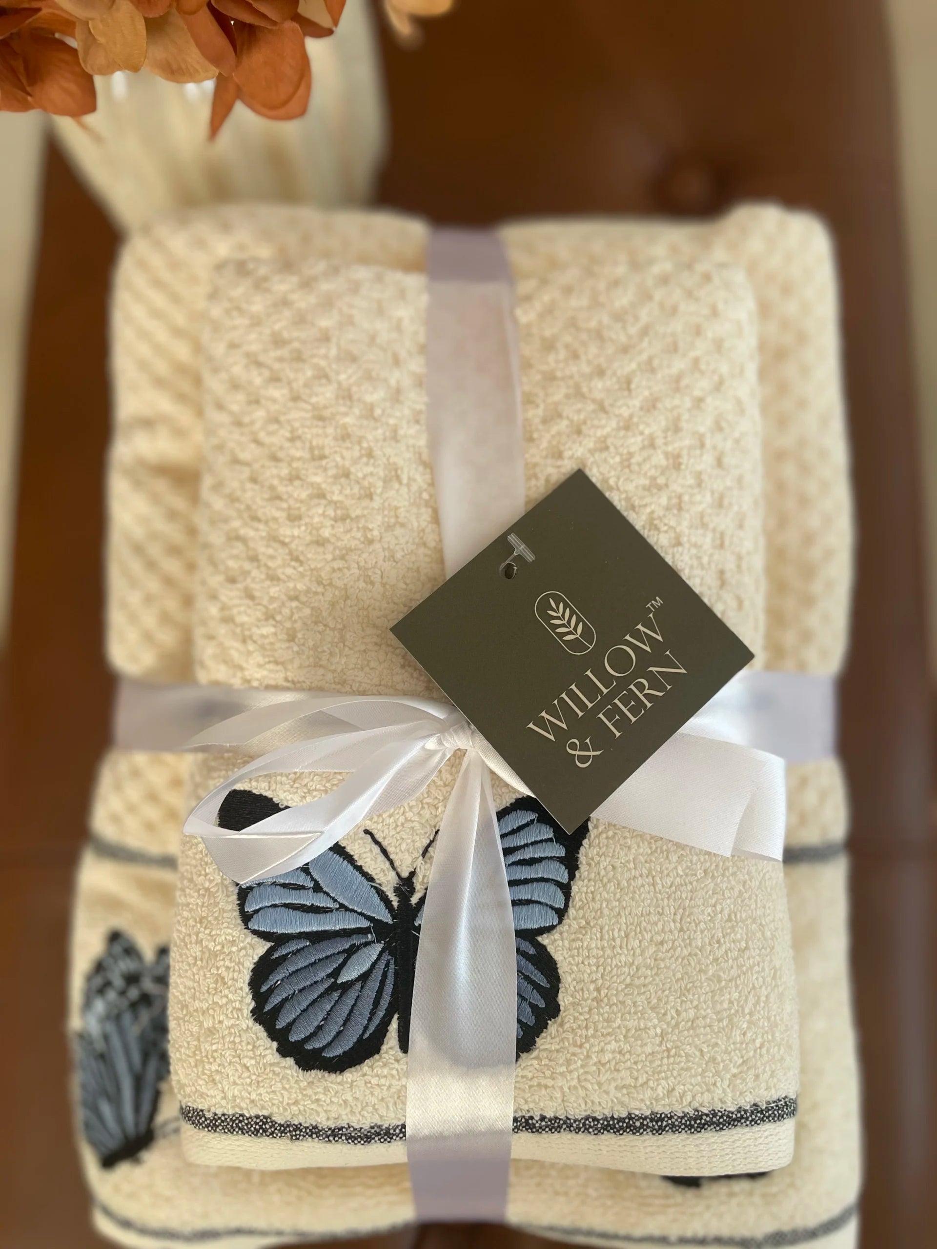 Premium Cotton Embroidered Butterfly Towel Set.