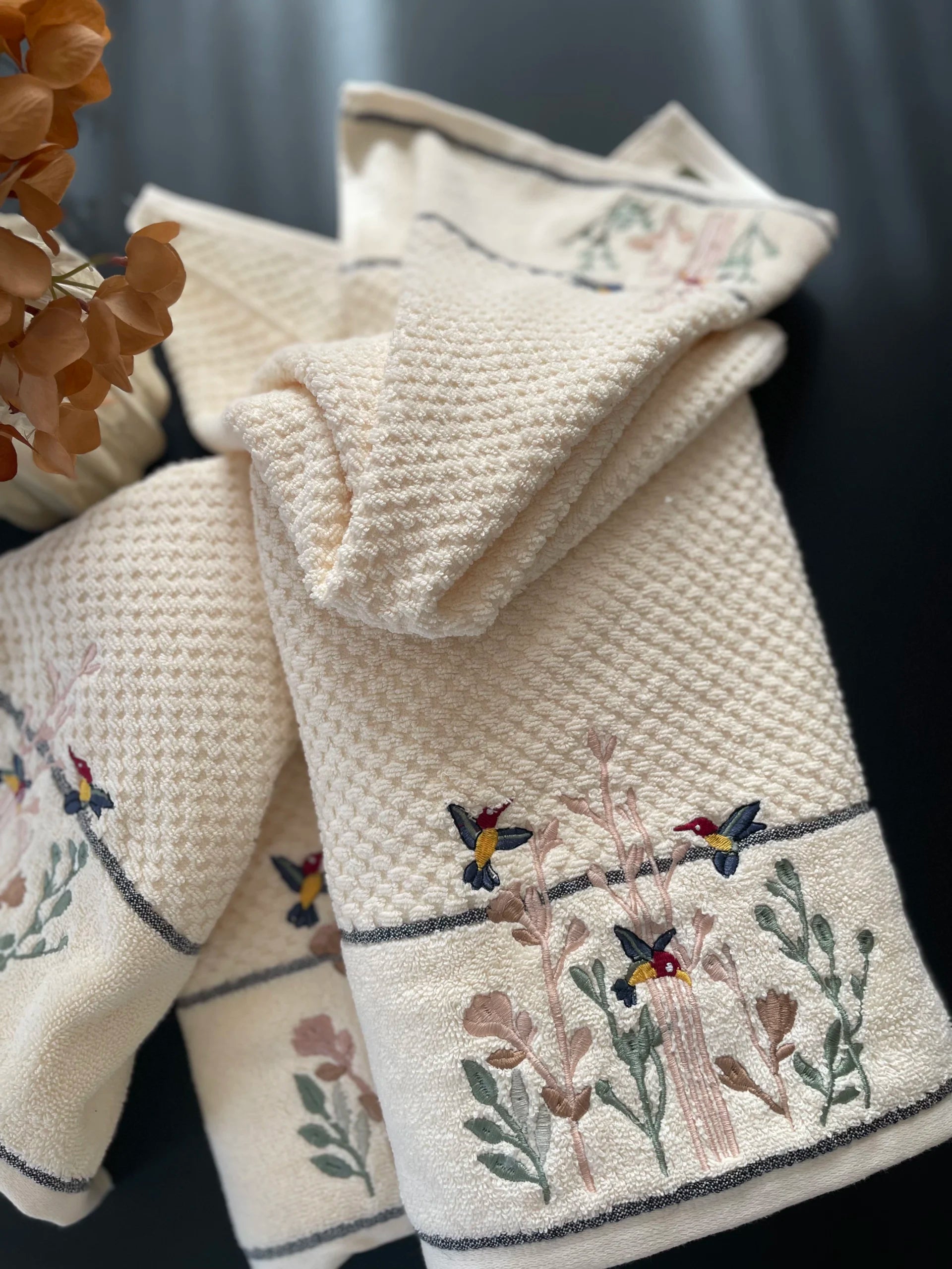 Premium Cotton Embroidered Spring Birds Towel Set.
